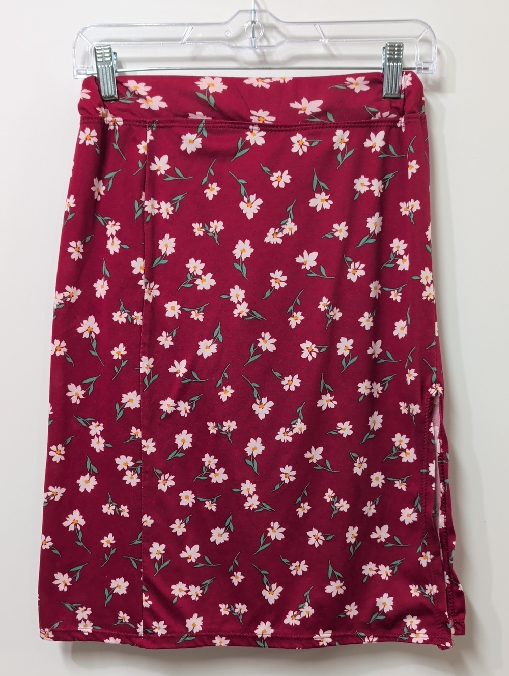 Handmade Burgundy Floral Side-Slit Midi Skirt